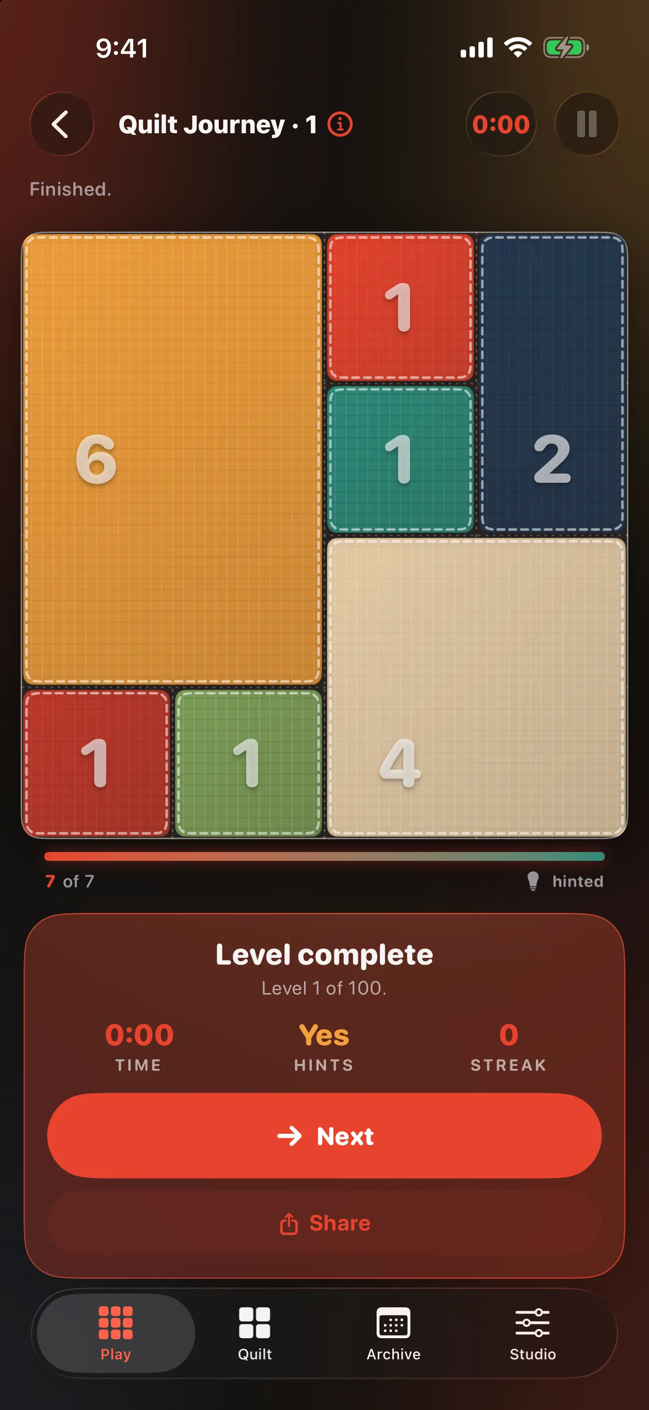 Coverlet 2.2 development screen showing a completed Quilt Journey level with Next and Share actions